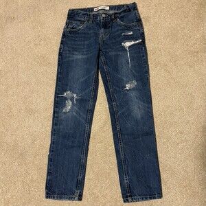 Levis 502 Boys Distressed Regular Taper Jeans, Dark Wash Blue, Size 12 Reg 27x37